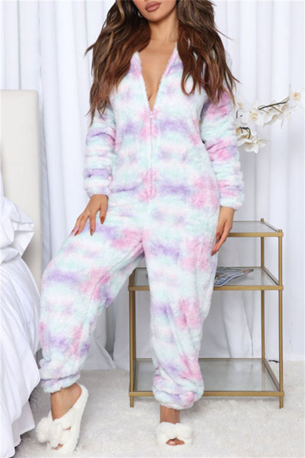 Colour Casual Living Print Patchwork Hooded Collar Regular Jumpsuits