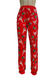 Red Casual Patchwork Regular High Waist Conventional Full Print Bottoms