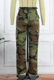 Camouflage Casual Street Camouflage Print Ripped Patchwork Straight High Waist Full Print Bottoms