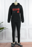 Black Casual Print Draw String Letter Hooded Collar Long Sleeve Two Pieces