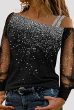 Grey Casual Print Patchwork Oblique Collar Tops