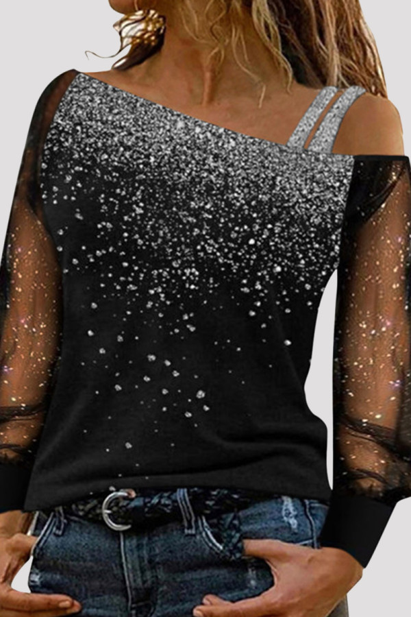 Grey Casual Print Patchwork Oblique Collar Tops