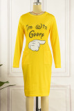 Yellow Casual Print Patchwork O Neck Straight Dresses