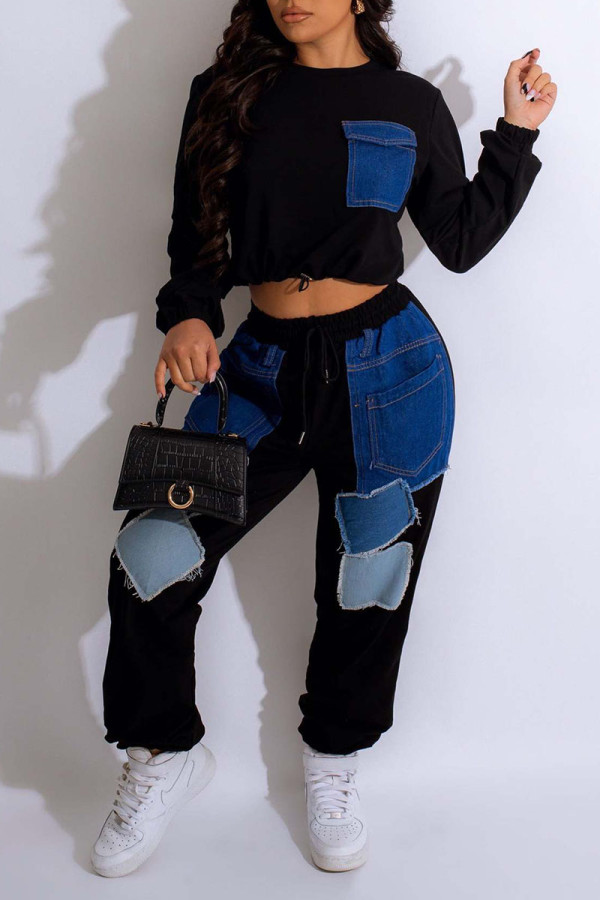 Black Casual Solid Patchwork O Neck Long Sleeve Two Pieces