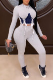 Grey Casual Sportswear Striped Print Bandage Patchwork O Neck Long Sleeve Two Pieces