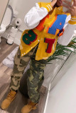 Camel Casual Letter Patchwork Contrast Turn-back Collar Outerwear