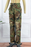Camouflage Casual Street Camouflage Print Ripped Patchwork Straight High Waist Full Print Bottoms