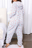 Powder White Casual Living Print Patchwork Hooded Collar Regular Jumpsuits