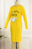 Yellow Casual Print Patchwork O Neck Straight Dresses
