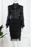 Red Elegant Solid Tassel Patchwork Turtleneck Long Sleeve Two Pieces