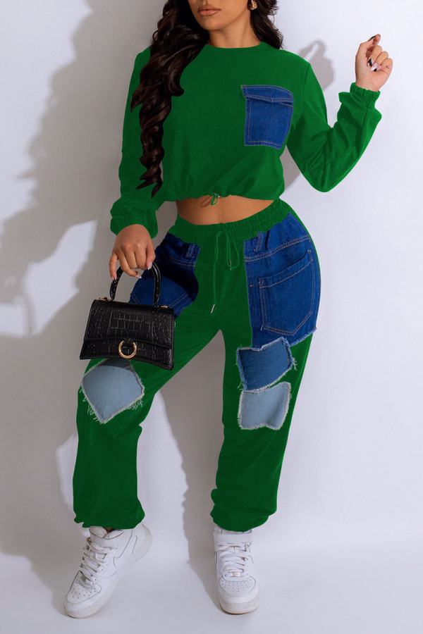 Green Casual Solid Patchwork O Neck Long Sleeve Two Pieces