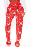Red Casual Patchwork Regular High Waist Conventional Full Print Bottoms