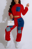 Red Casual Solid Patchwork O Neck Long Sleeve Two Pieces
