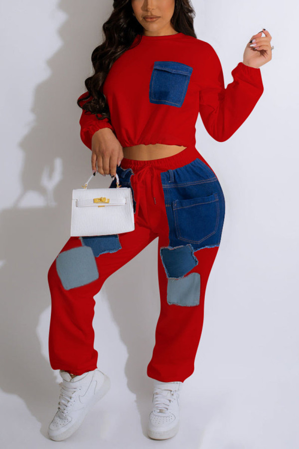 Red Casual Solid Patchwork O Neck Long Sleeve Two Pieces