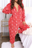 Powder White Casual Living Print Patchwork Hooded Collar Regular Jumpsuits