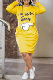 Yellow Casual Print Patchwork O Neck Straight Dresses