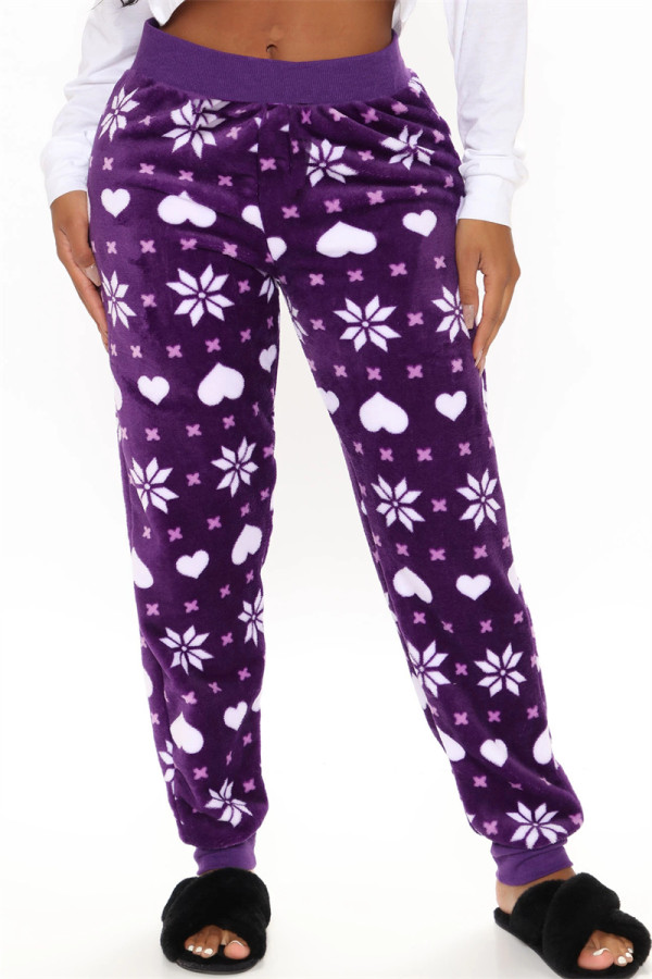 Purple And White Casual Patchwork Regular High Waist Conventional Full Print Bottoms