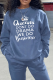 Blue Casual Print Patchwork Letter O Neck Tops