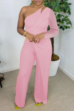 Pink Casual Elegant Solid Patchwork Asymmetrical Oblique Collar Straight Jumpsuits