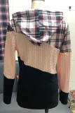 Red Casual Plaid Print Patchwork Hooded Collar Tops