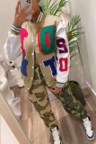 Camel Casual Letter Patchwork Contrast Turn-back Collar Outerwear