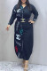 Navy Blue Elegant Print Letter Turndown Collar Shirt Dress Dresses