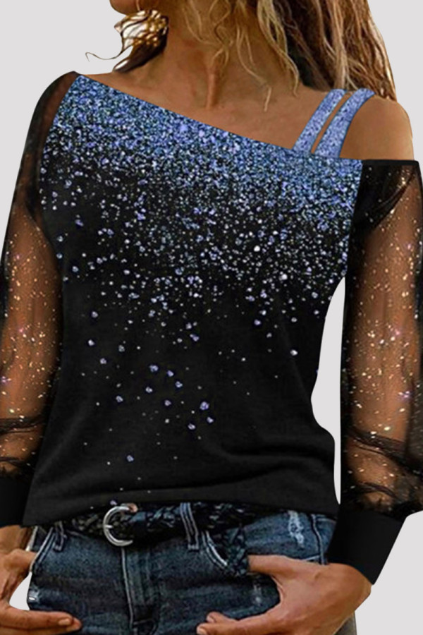 Blue Casual Print Patchwork Oblique Collar Tops