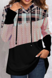 Red Casual Plaid Print Patchwork Hooded Collar Tops