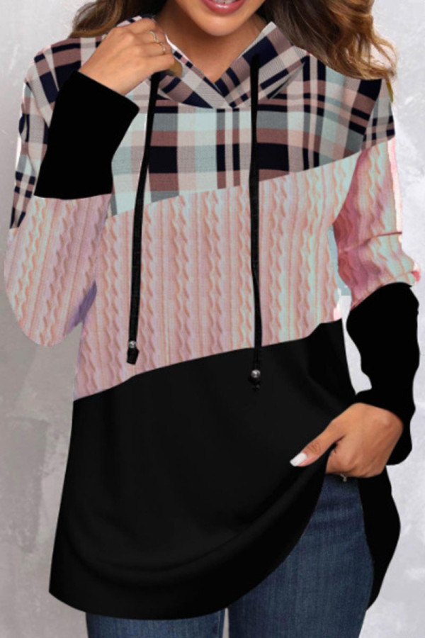 Pink Casual Plaid Print Patchwork Hooded Collar Tops