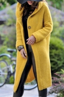 Yellow Casual Solid Cardigan Hooded Collar Outerwear