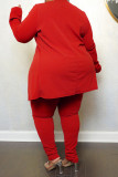 Red Casual Solid Cardigan Pants Turn-back Collar Plus Size Two Pieces