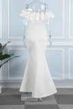 White Elegant Solid Patchwork Flounce Off the Shoulder Evening Dress Dresses