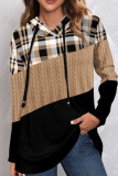 Red Casual Plaid Print Patchwork Hooded Collar Tops