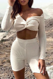 Cream White Casual Solid Patchwork V Neck Long Sleeve Two Pieces