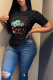 Black Casual Vintage Print Patchwork Letter O Neck T-Shirts