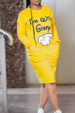 Yellow Casual Print Patchwork O Neck Straight Dresses