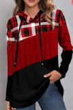Red Casual Plaid Print Patchwork Hooded Collar Tops