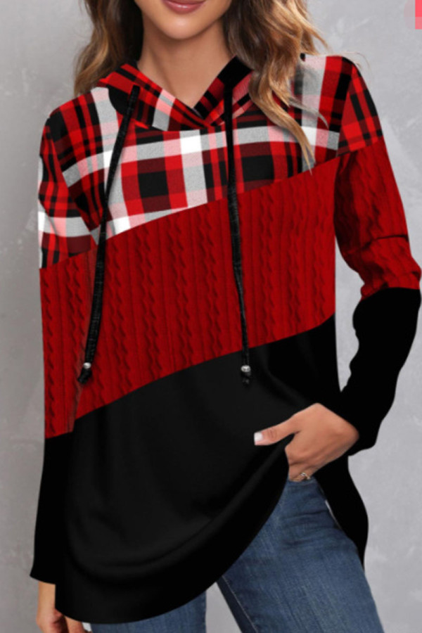 Red Casual Plaid Print Patchwork Hooded Collar Tops
