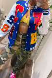 Camel Casual Letter Patchwork Contrast Turn-back Collar Outerwear