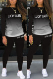 Grey Fashion Casual Gradual Change Letter Print Letter O Neck Long Sleeve Two Pieces