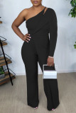 Pink Casual Elegant Solid Patchwork Asymmetrical Oblique Collar Straight Jumpsuits