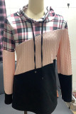 Red Casual Plaid Print Patchwork Hooded Collar Tops