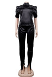 Black Casual Solid Patchwork Half A Turtleneck Short Sleeve Two Pieces