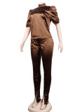 Brown Casual Solid Patchwork Half A Turtleneck Short Sleeve Two Pieces