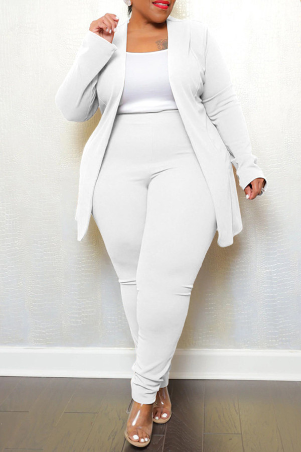 White Casual Solid Cardigan Pants Turn-back Collar Plus Size Two Pieces