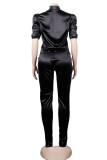 Black Casual Solid Patchwork Half A Turtleneck Short Sleeve Two Pieces