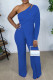 Royal Blue Casual Elegant Solid Patchwork Asymmetrical Oblique Collar Straight Jumpsuits
