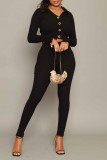 Black Casual Solid Patchwork Buckle V Neck Long Sleeve Two Pieces