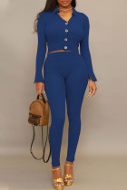 Blue Casual Solid Patchwork Buckle V Neck Long Sleeve Two Pieces