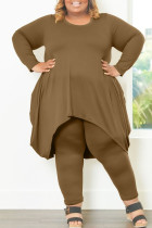 Brown Casual Solid Patchwork Asymmetrical O Neck Plus Size Two Pieces